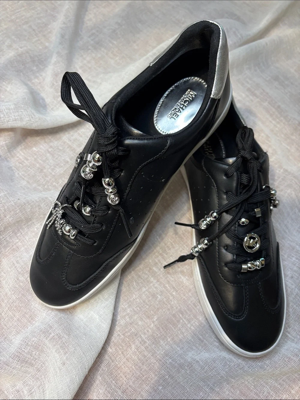 Michael Kors Black Leather Sneakers with Silver Charms